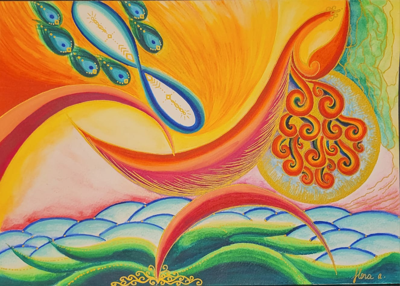Ciel orange et doré traversé par une flamme rouge qui s’élance vers un soleil d’or garni de spirales, au-dessus de vagues turquoise et vertes ; en haut, un symbole de l’infini bleu entouré de plumes de paon.