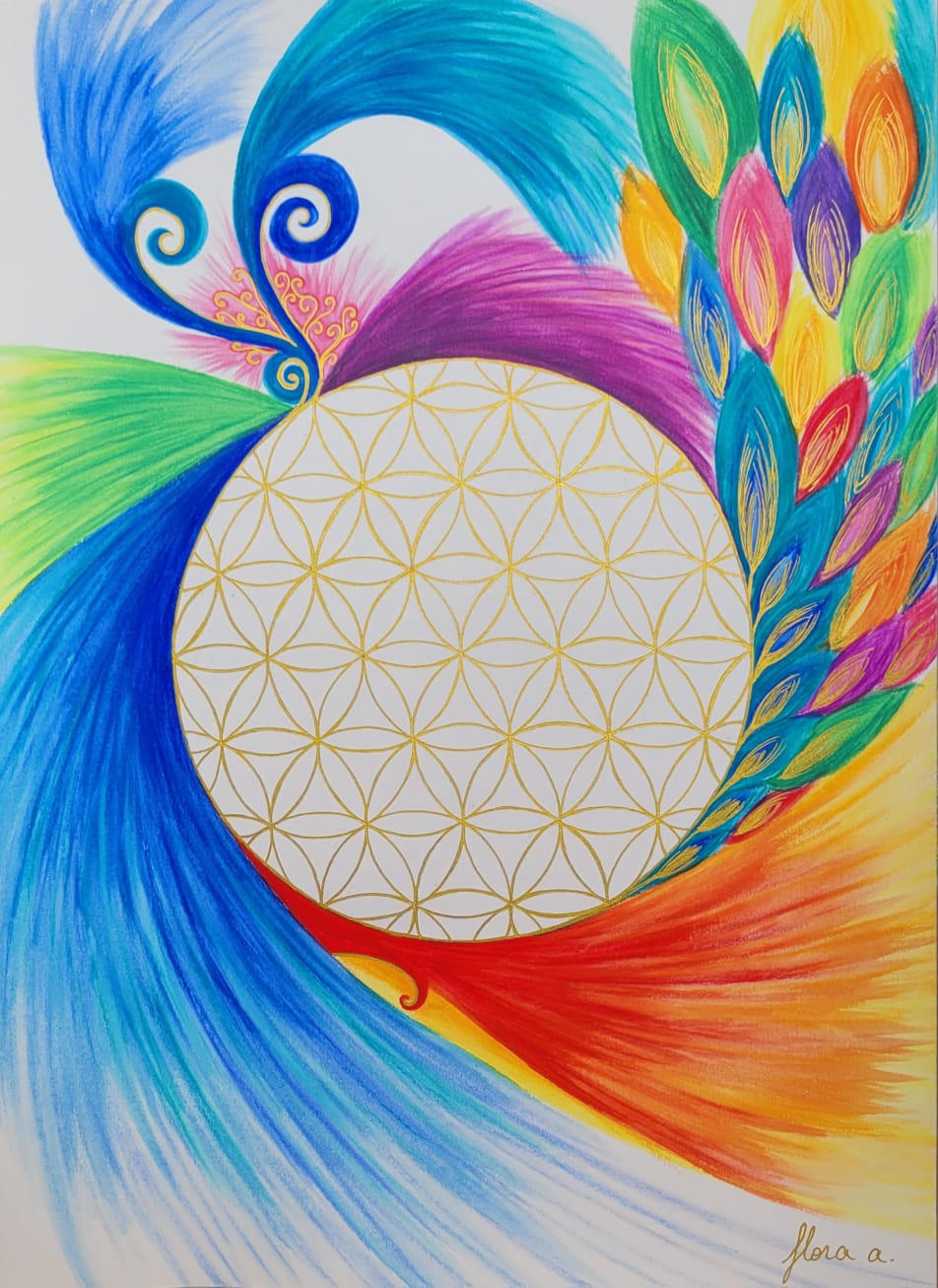 Une fleur de vie tracée à l’or fin au centre d’un cercle blanc, enveloppée de tourbillons bleus, verts, violets et rouge orangé et d’une cascade de pétales multicolores ourlés d’or.