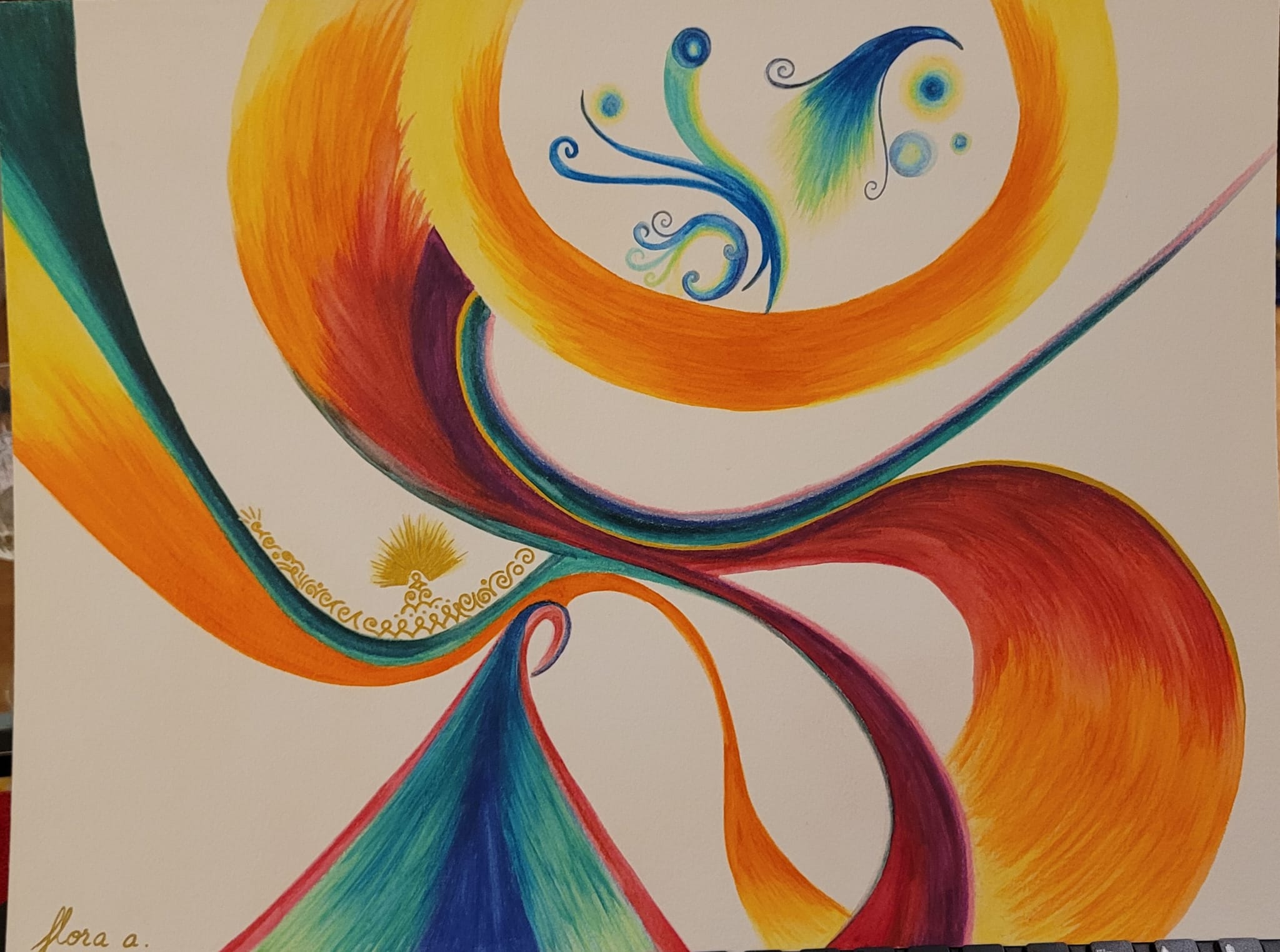 Sur fond crème, un ruban orange et jaune forme une boucle qui abrite une petite plume bleue et des bulles, tandis que des rubans rouges, orange et sarcelle se croisent au-dessus d’un cône bleu et vert orné de filigrane doré.