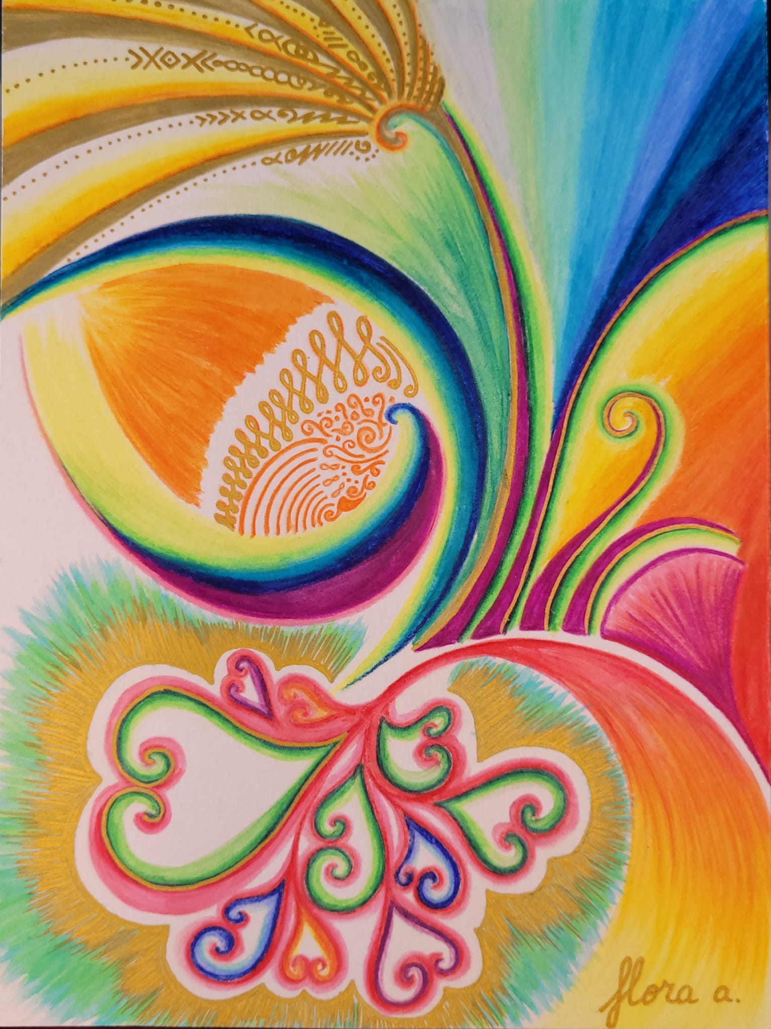 Des rayons dorés gravés de symboles se déploient en éventail au-dessus d’une spirale arc-en-ciel qui enlace un pétale orange ; en bas, un nuage de cœurs et de volutes colorés baigne dans un halo d’or.