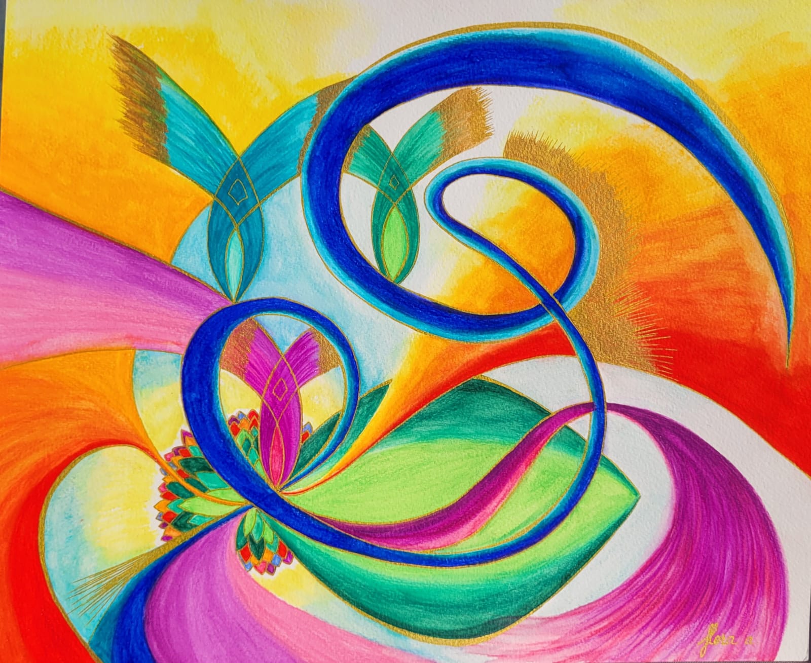 Un ruban bleu profond dessine une grande spirale en forme de S sur un fond jaune, orange et rouge, entouré de fleurs de lotus turquoise et magenta et de vagues roses, violettes et vertes cernées d’or.