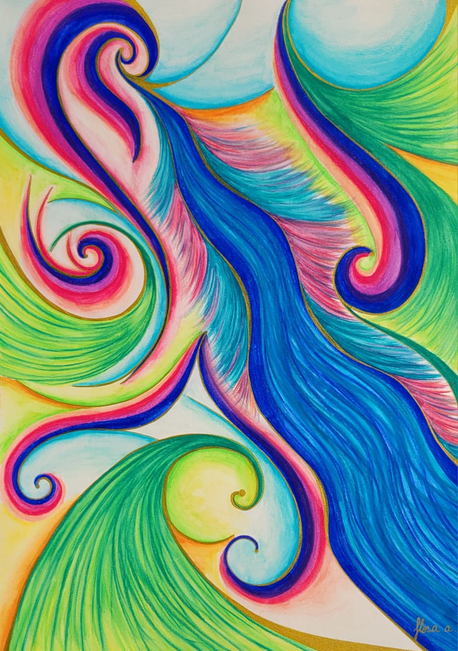 Une rivière de traits bleus coule au centre de la toile, bordée de spirales roses, violettes et bleu nuit et de vagues vert tendre, sous de grandes bulles turquoise pâle.