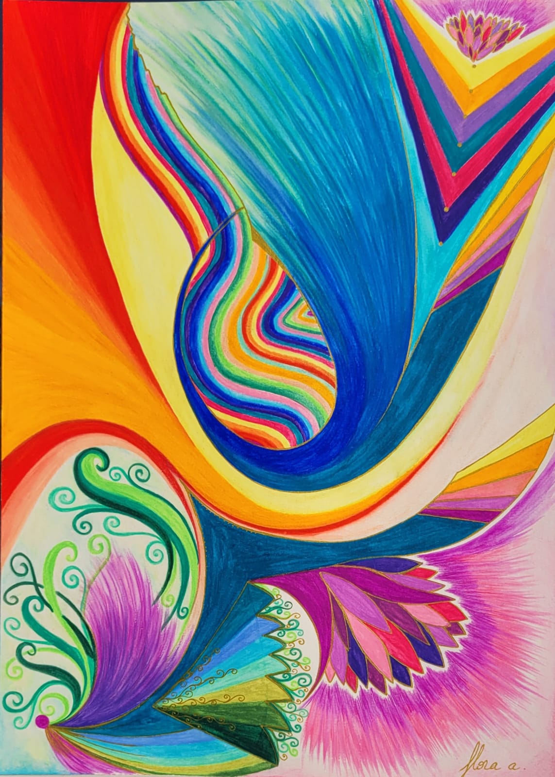 Une grande goutte bleue renferme des ondulations aux couleurs de l’arc-en-ciel, entre un éventail rouge, orange et jaune et des chevrons multicolores ; en bas, des vrilles vertes, un éventail violet et un lotus rose et magenta.