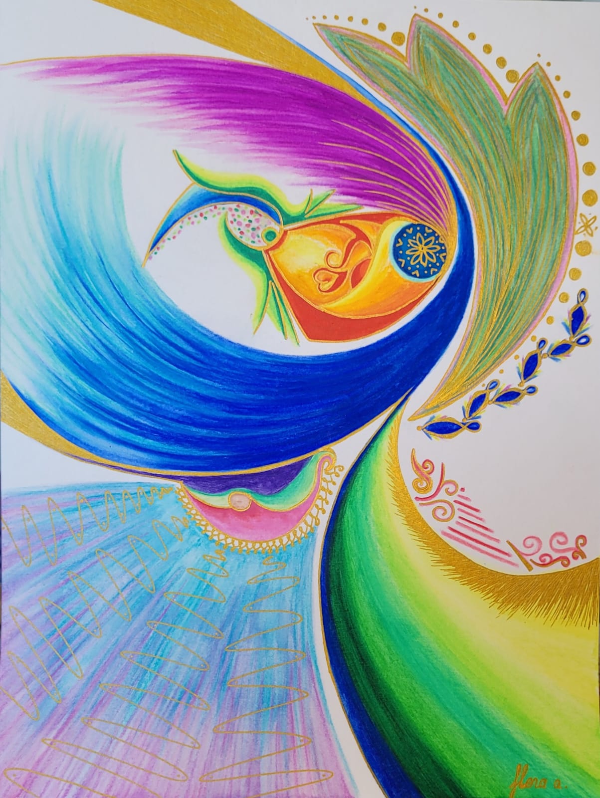 Une vague bleue et violette s’enroule autour d’une forme d’oiseau orange au cœur de mandala, près d’un éventail de feuilles vertes et or ; en bas, des rayons turquoise et mauves striés de zigzags dorés.